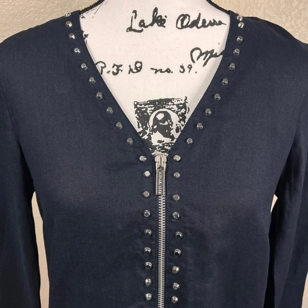 Michael Kors 100% Linen Black Shirt Studded zip Top Blouse Sz Small